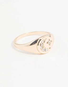 Luxurious Detail Gold Celestial Diamante Moon Ring