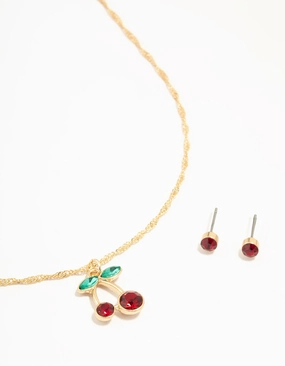 Radiant Highlight Timeless Feature Gold Cherry Necklace & Red Diamante Earrings Set
