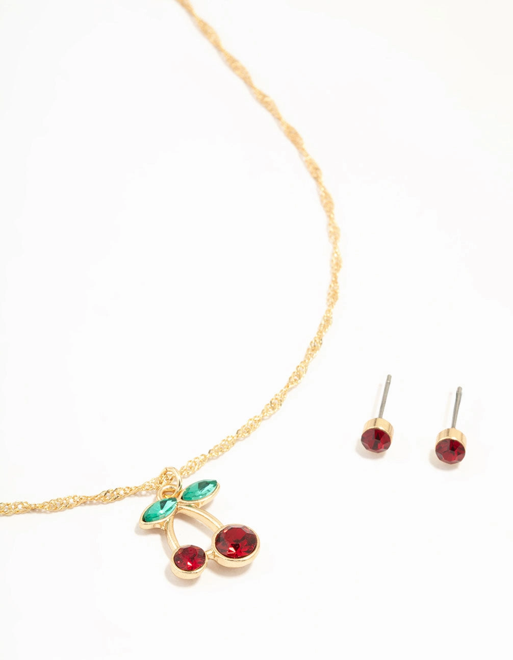 Radiant Highlight Timeless Feature Gold Cherry Necklace & Red Diamante Earrings Set