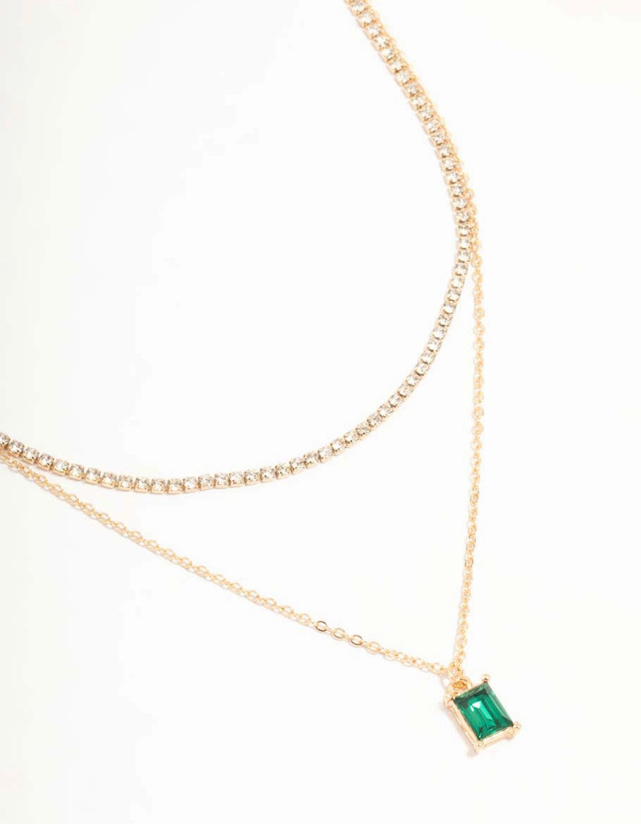 Gold Diamante & Baguette Cut Green Diamante Layered Necklace Modern Detailing