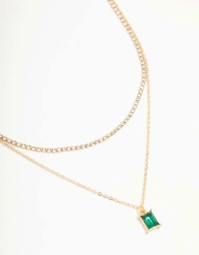 Gold Diamante & Baguette Cut Green Diamante Layered Necklace Modern Detailing