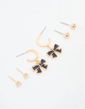 Gold Diamante & Black Bow Drop Earrings 3-Pack unique touch