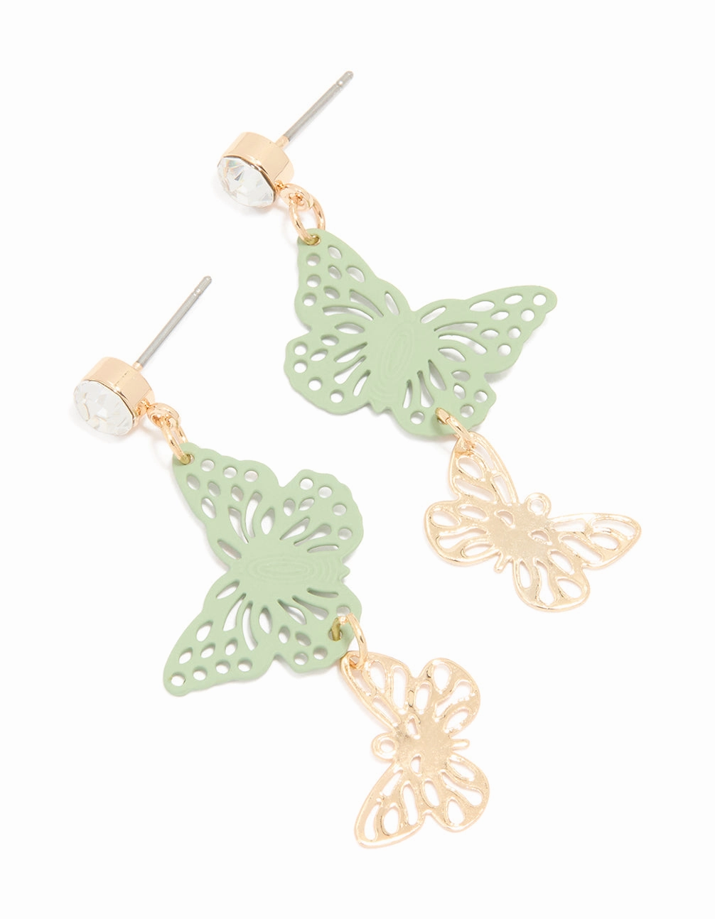 Gold Diamante & Green Coated Motel Butterfly Drop Earrings Graceful Vibe