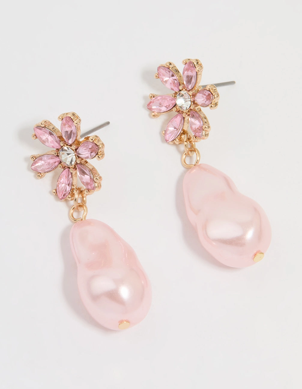 Unique Sparkle Gold Diamante & Pink Pearl Flower Drop Earrings