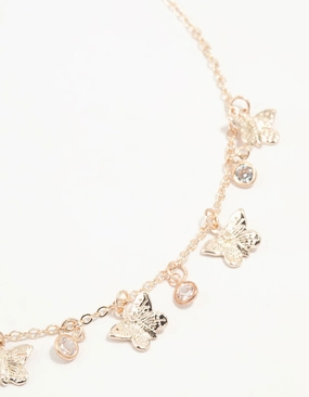 Gold Diamante Butterfly Drop Charm Necklace Stylish Sparkle