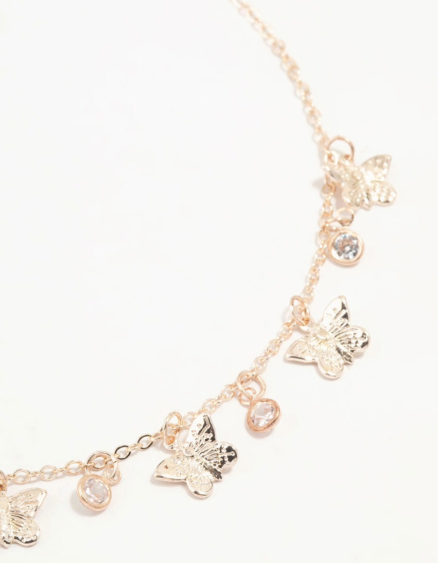 Gold Diamante Butterfly Drop Charm Necklace Stylish Sparkle