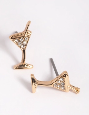 Gold Diamante Martini Stud Earrings Weekend Glow