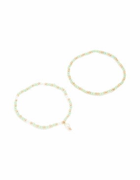 Feminine Accent Timeless Touch Gold Green Beaded Pearl Stretch Bracelets 2-Pack