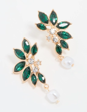 Vivid Finish Gold Green Diamante & Pearl Marquise Stud Earrings
