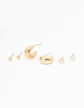 Gold Hoop, Sleek & Diamante stud Earrings 3-Pack Evening Wear