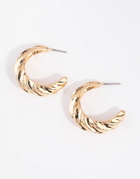 Gold Large Croissant Open Hoop Earrings Sculpted Edge Chic Detail