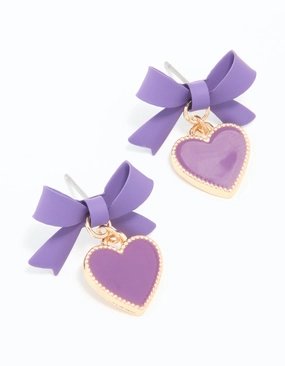 Vogue Feature Everyday Set Gold Light Purple Coated Metal Bow Heart Drop Stud Earrings