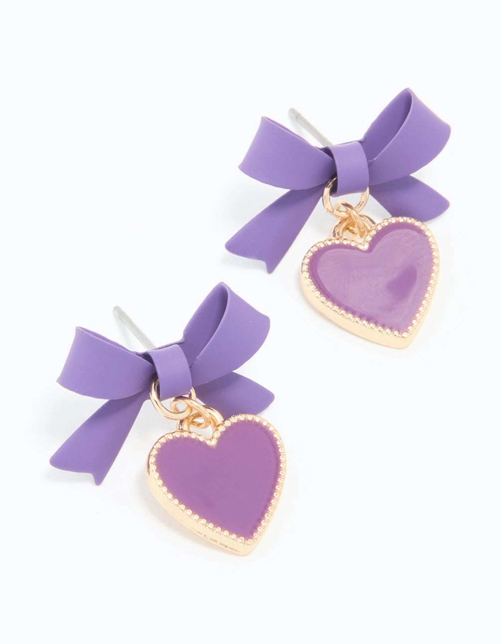 Vogue Feature Everyday Set Gold Light Purple Coated Metal Bow Heart Drop Stud Earrings