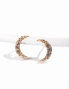 Elegant Accent Gold Pave Diamante Crescent Moon Stud Earrings