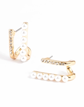 Gold Pearl & Diamante Huggie Earrings Charming Touch Festive Accent