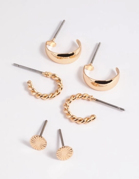 Distinct Edge Trendy Spark Gold Plain & Twist Stud Earring Pack