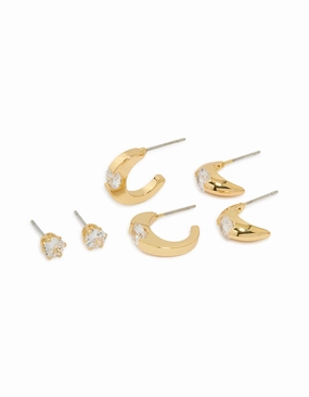 Glam Night Look Bold Finish Gold Plated Brass Cubic Zirconia Inlay Stud & Huggie Earrings 3-Pack