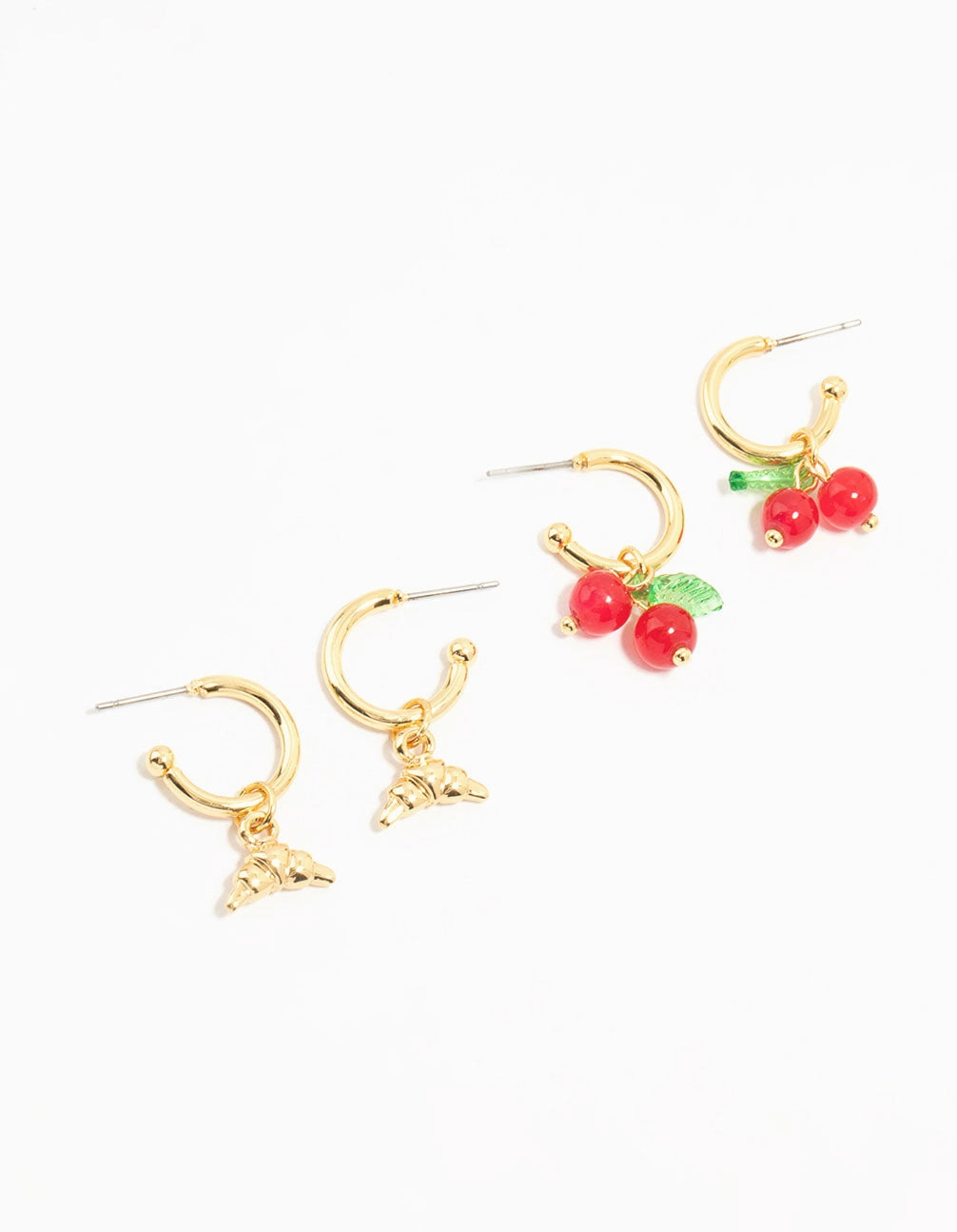Gold Plated Cherry & Croissant Hoop Earrings 2-Pack Dramatic Touch
