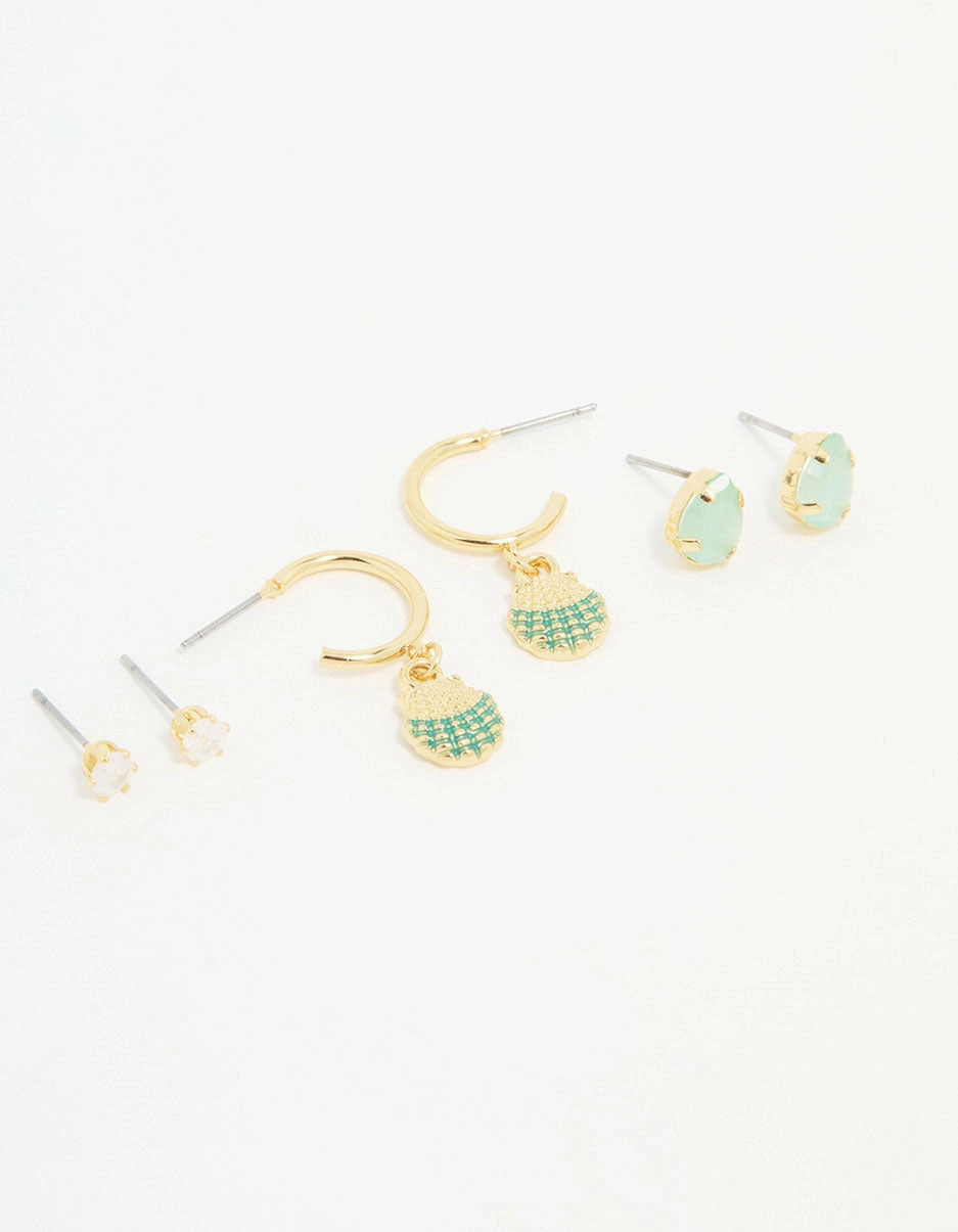 Gold Plated Cubic Zirconia Mermaid Earrings 3-Pack High-End Quality Polished Feature