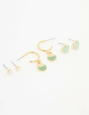 Gold Plated Cubic Zirconia Mermaid Earrings 3-Pack High-End Quality Polished Feature