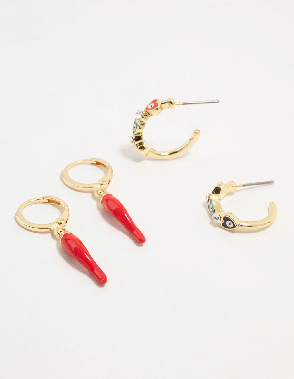 Gold Plated Evil Eye & Chilli Hoop Earrings 2-Pack Chic Charm Charming Jewelry
