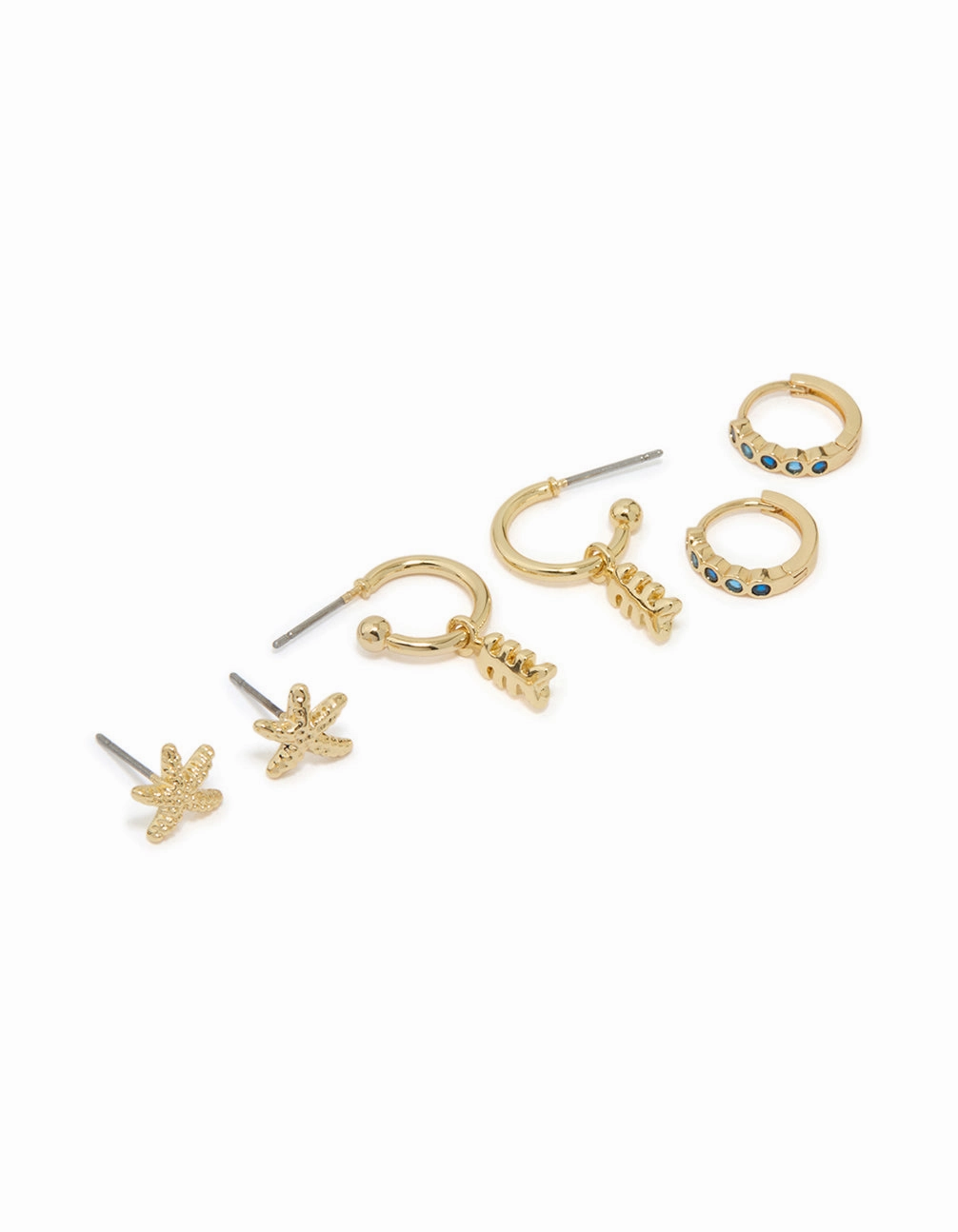 Gold Plated Green Cubic Zirconia & Starfish Earrings 3-Pack Casual Spark Pretty Pair