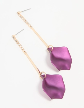 Gold Purple Coated Metal Diamante Petal Drop Earrings Handmade Glam Dynamic Feature
