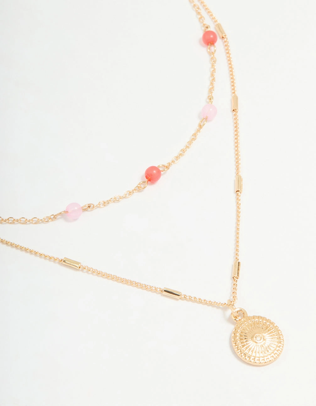 Gold Red & Pink Beaded & Pendant Layered Necklace Elegant Pieces Flat Shot