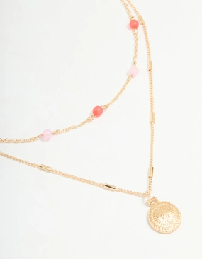 Gold Red & Pink Beaded & Pendant Layered Necklace Elegant Pieces Flat Shot