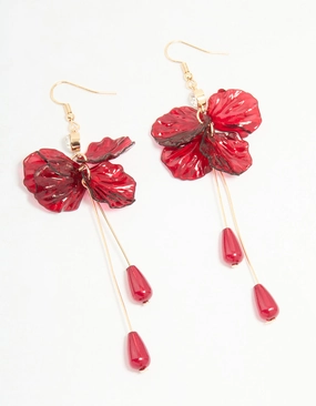 Luxury Shine Finish Timeless Feature Gold Red Beaded & Diamante Flower Drop Earrings