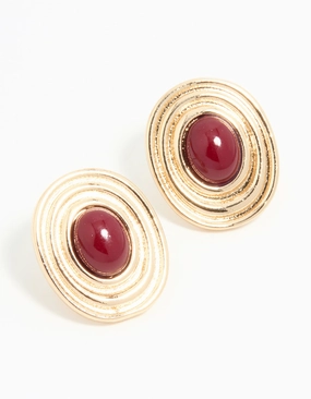 Gold Red Stone Vintage Round Statement Stud Earrings Shiny Pieces