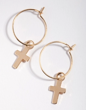 Gleaming Sparkle Crisp Sparkle Gold Simple Cross Hoop Earrings