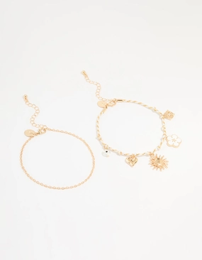 Gold White Rope Sun Charm & Chain Anklets 2-Pack Elegant feature Spring Mood