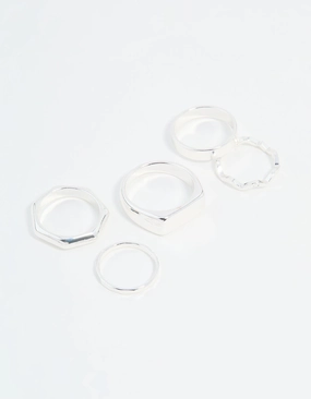 Gloss Mode Handcrafted Touch Silver Hexagon & Signet Rings 5-Pack