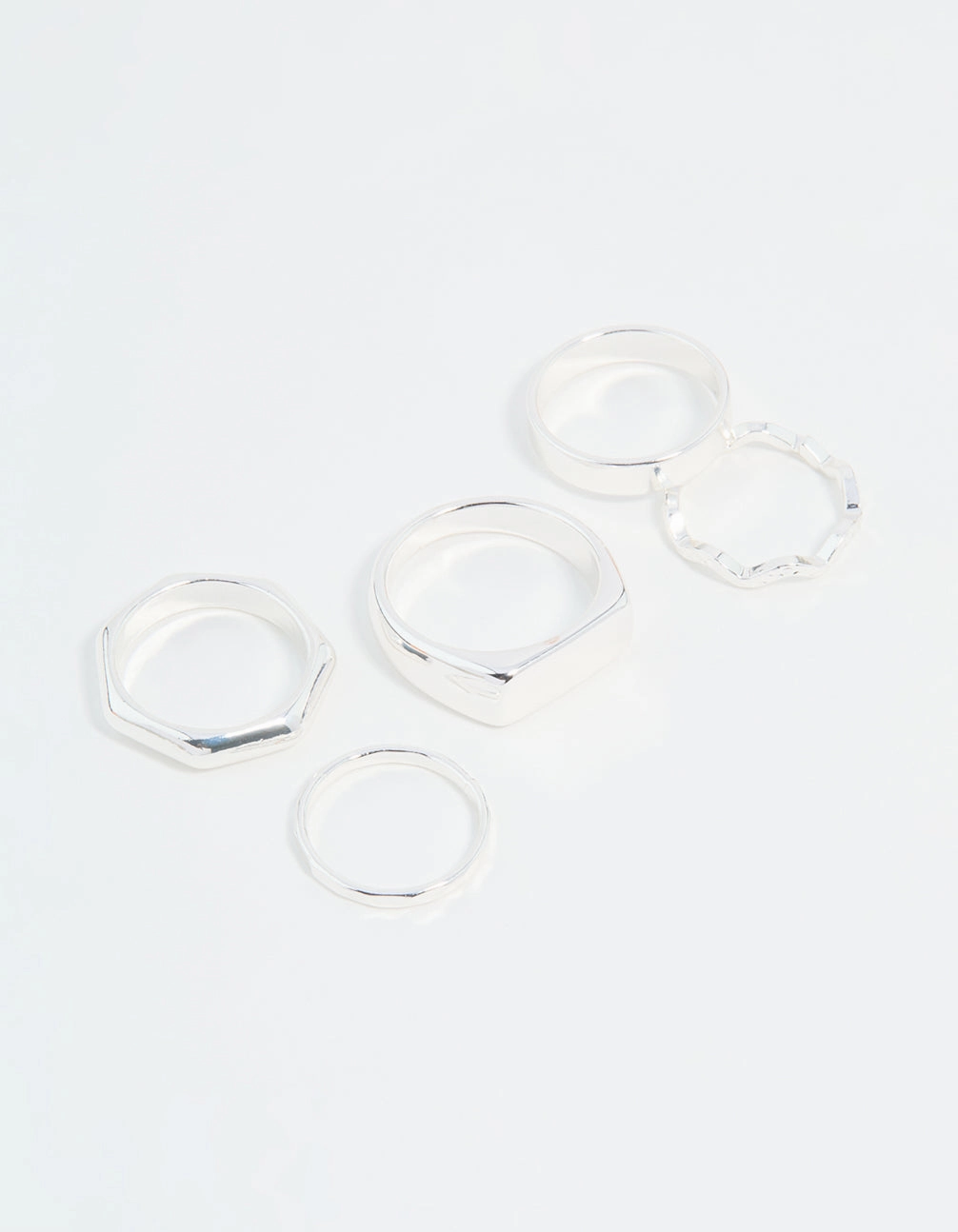 Gloss Mode Handcrafted Touch Silver Hexagon & Signet Rings 5-Pack