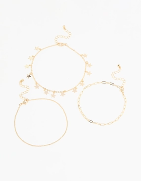 Gold Star & Chain Anklets 3-Pack Smooth Glow Exclusive Treasures