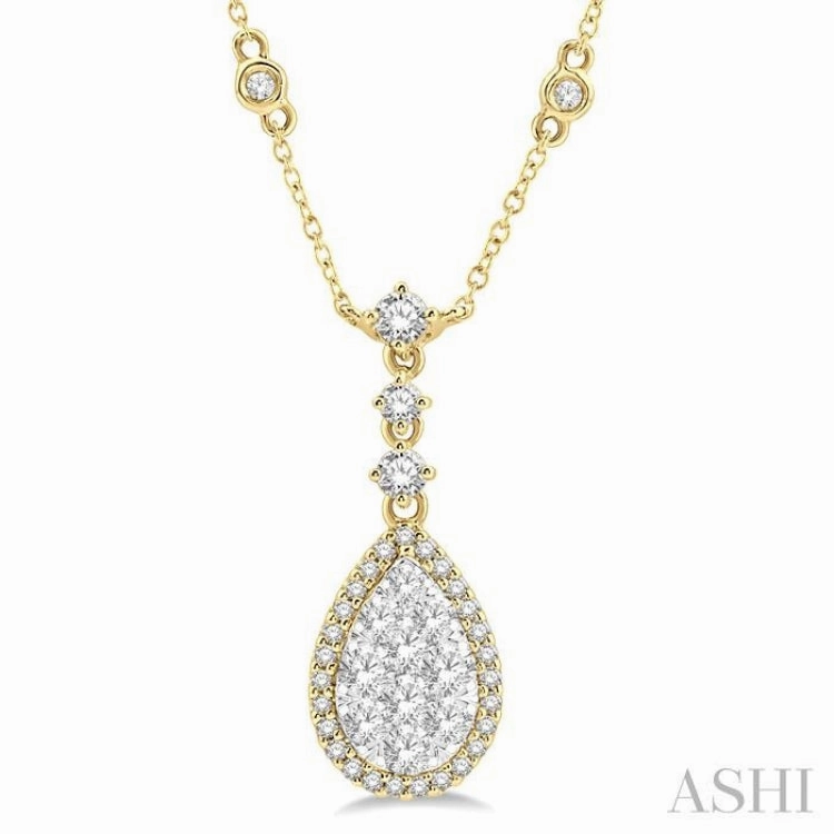 Contemporary Look 1 Ctw Round Cut Lovebright Diamond Pear Shape Necklace in 14K Yellow and White Gold