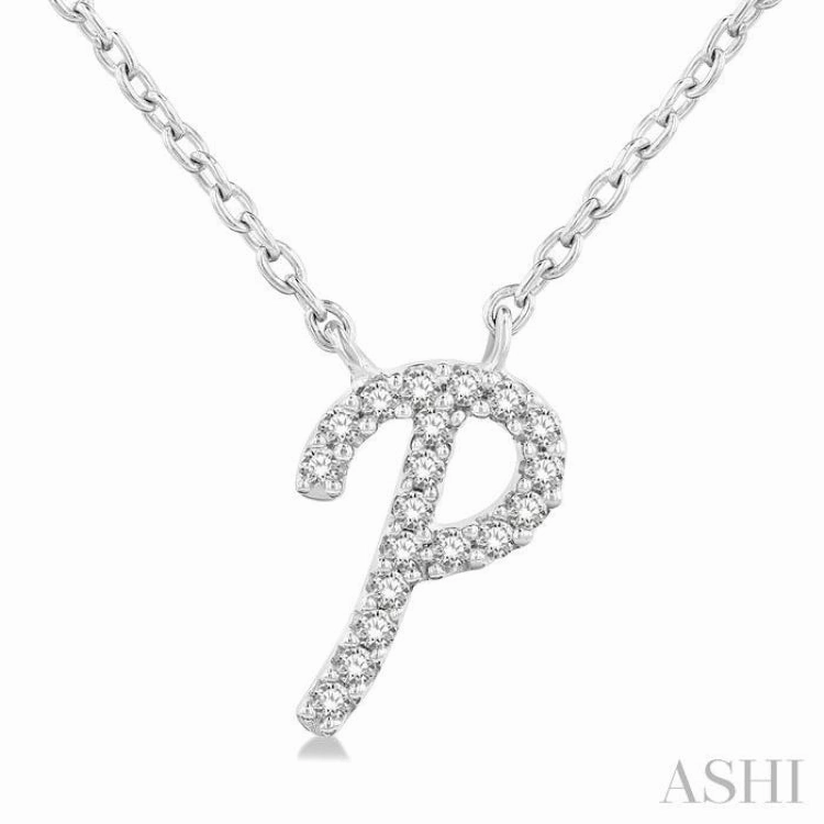 Signature Style Delicate Jewelry 1/20 Ctw Initial 'P' Round cut Diamond Pendant With Chain in 10K White Gold