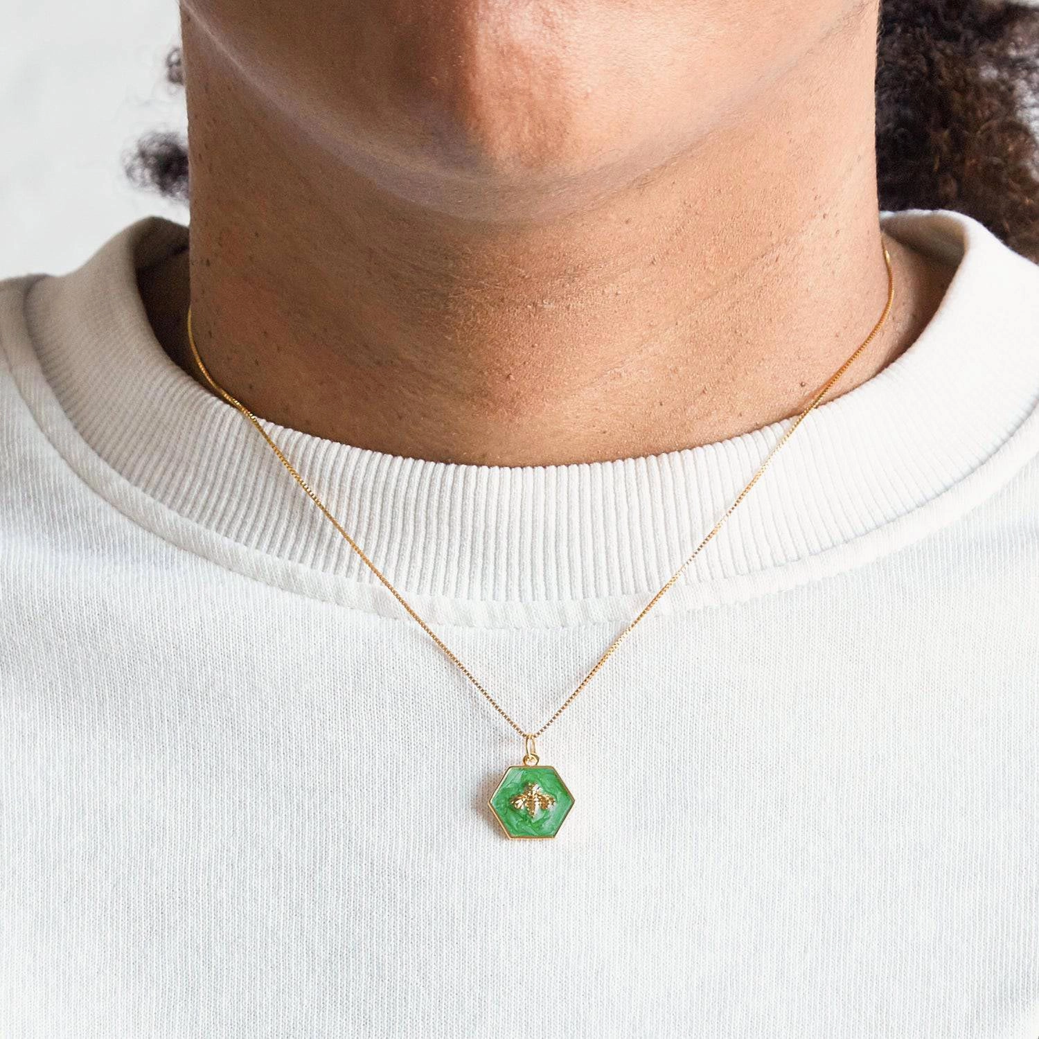 Green Hexagon Gold Bee Necklace Modern Twist Autumn Touch