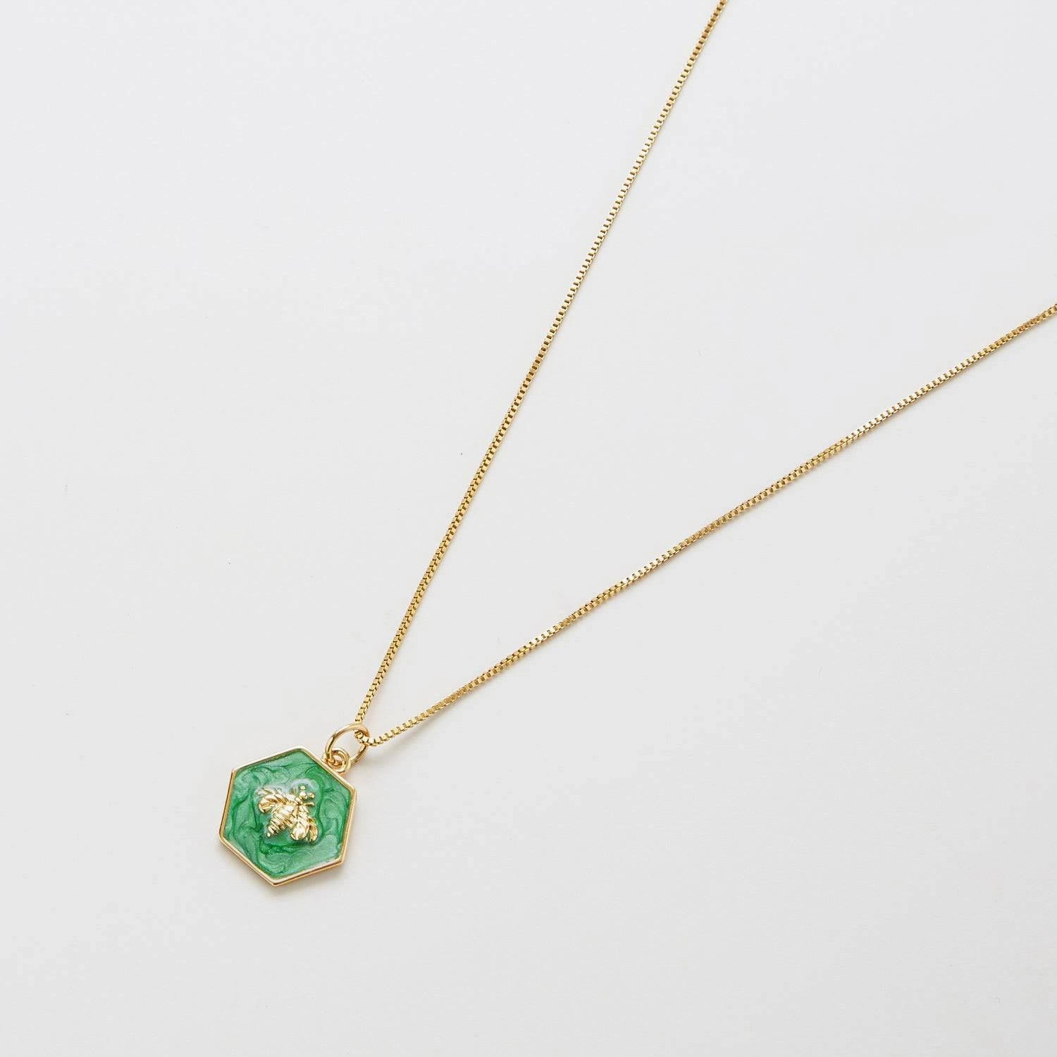Green Hexagon Gold Bee Necklace Business Meeting