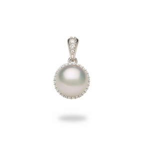 Wonderful Piece Halo Akoya White Pearl Pendant in White Gold with Diamonds - 8mm