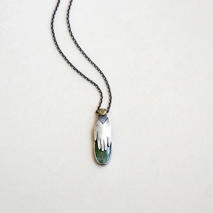 Hand Milagro Necklace - Oxidized Sterling Silver, Brass   Jade Gemstone Artisan Crafted Exclusive Gifts