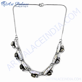 Elegant 925 Silver Necklace with Cubic Zirconia and Pearl Stones - New Design Brushed Item For University