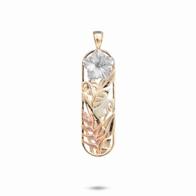 Hawaiian Gardens Hibiscus Pendant in Four Tone Gold with Diamonds - 32mm Bold Statement Festival Gift