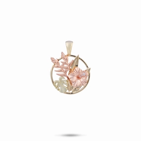 Hawaiian Gardens Hibiscus Pendant in Tri Color Gold with Diamonds - 15mm Wonderful Design Glam Gift