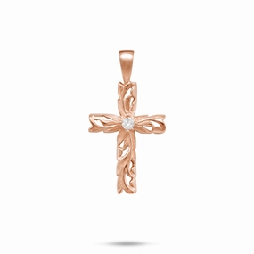 Casual Accent Hawaiian Heirloom Old English Scroll Cross Pendant in Rose Gold with Diamond - 23mm