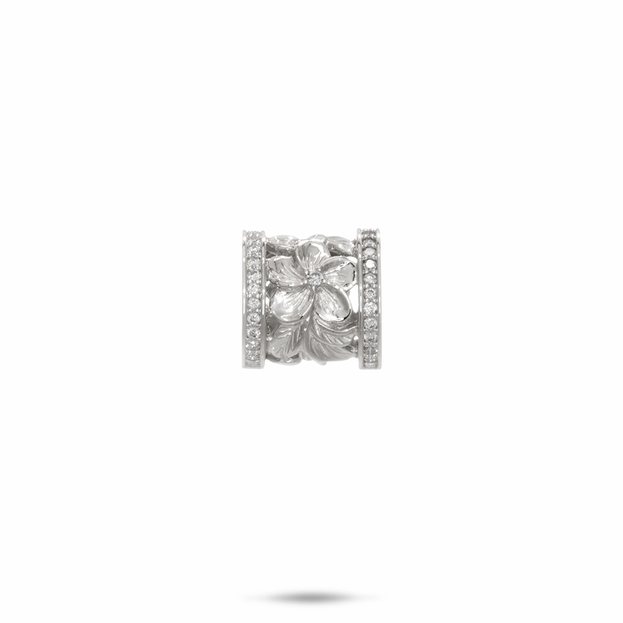 Hawaiian Heirloom Plumeria Barrel Pendant in White Gold with Diamonds - 12mm Daily Use Jewelry