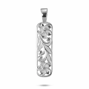 Creative Detail Cool Style Hawaiian Heirloom Plumeria Pendant in Sterling Silver with White Sapphire - 41mm