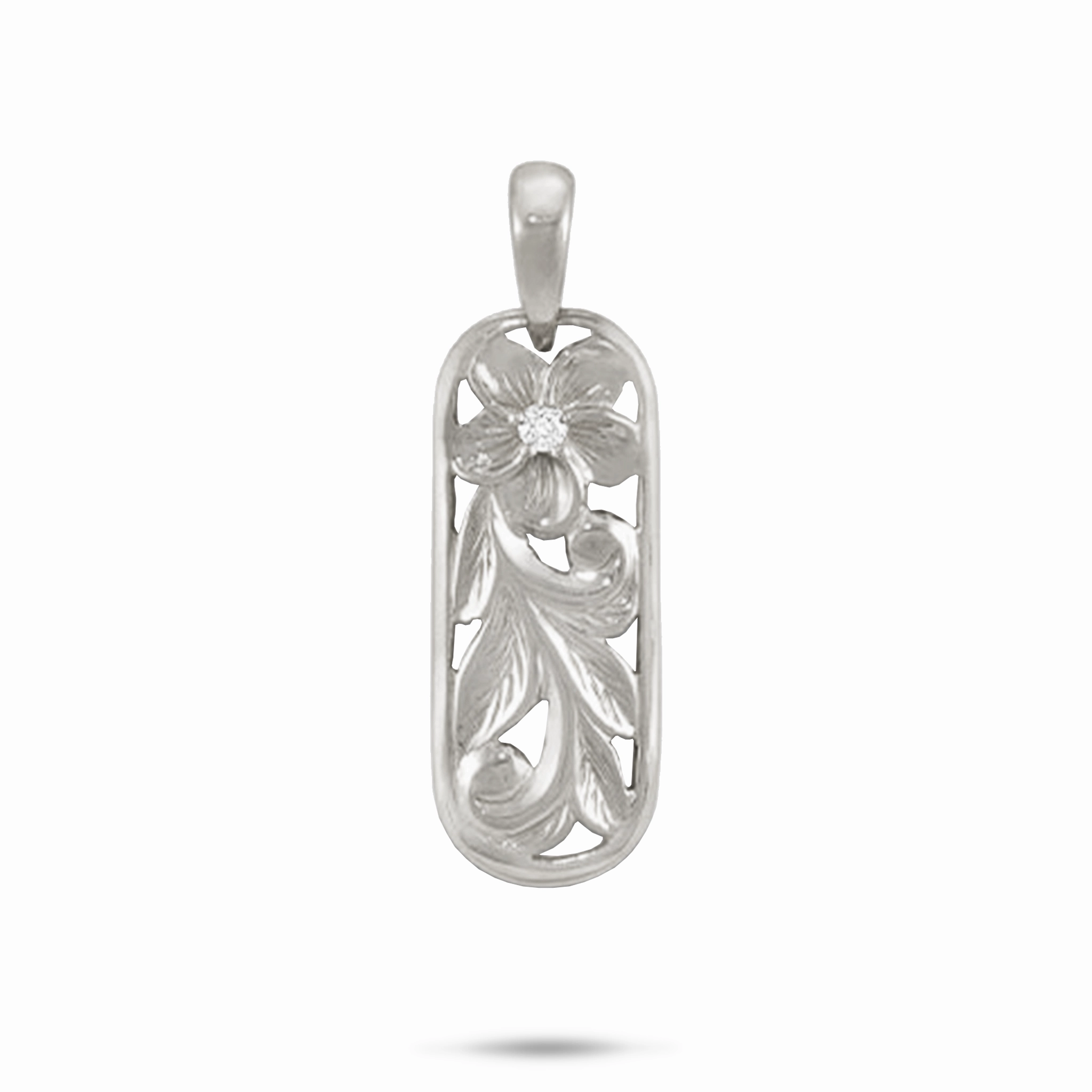 Hawaiian Heirloom Plumeria Pendant in White Gold with Diamond - 28mm Signature Look Quiet Moment
