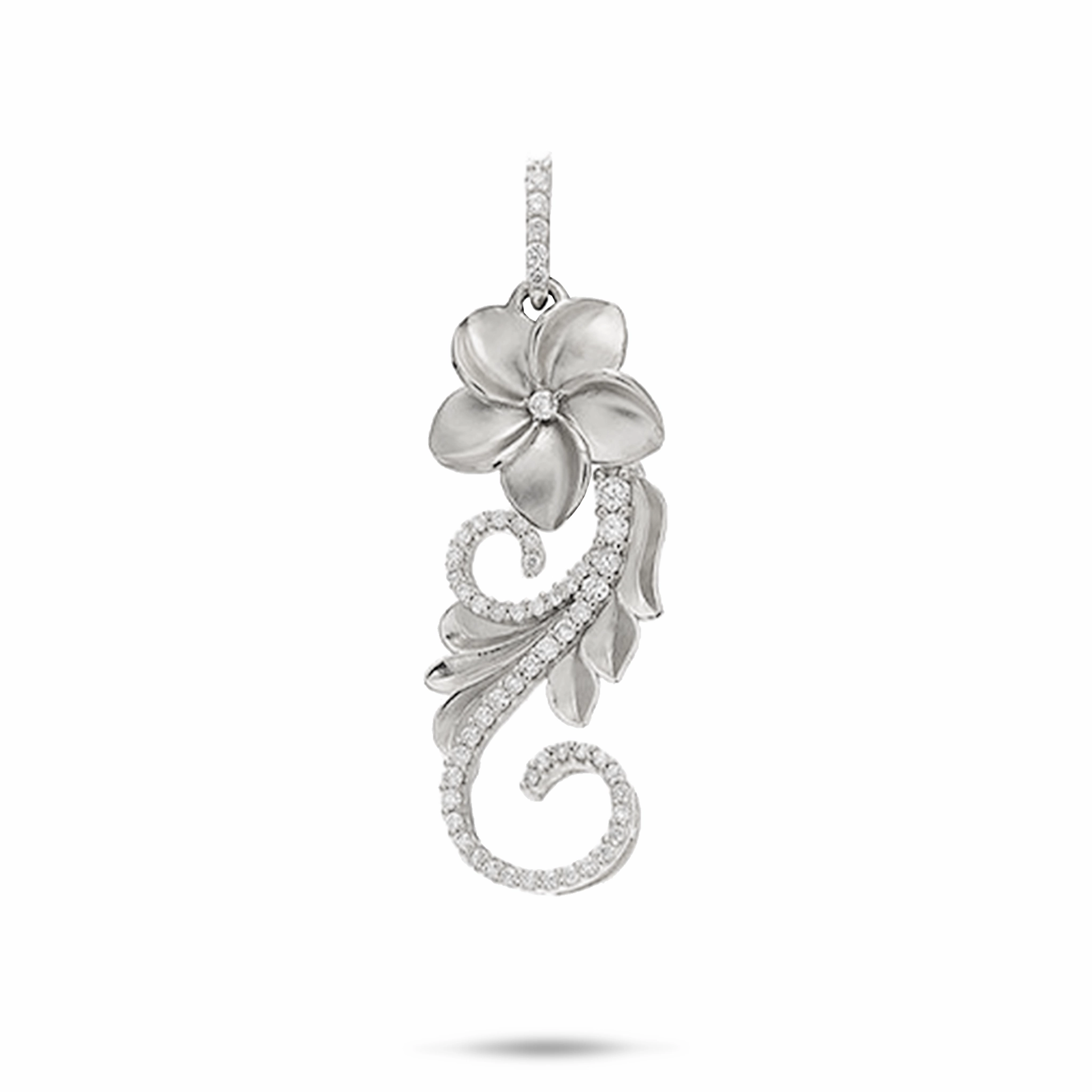 Fantastic Gift Casual Item Hawaiian Heirloom Plumeria Pendant in White Gold with Diamonds - 30mm
